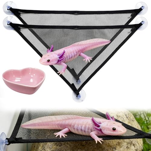 Axolotl Hammock for Aquarium with Feeding Bowl Axolotl Tank Accessories - Breathable Mesh Reptile Hammock with Feeder Tray for Bearded Dragons Geckos Lizards Snakes 50 Gallon Tank or Larger