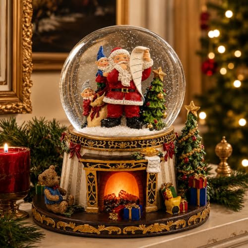 Christmas Snow Globe with Music, Santa Claus Musical Snow Globe with Automatic Snowfall, Lighted Fireplace & 8 Christmas Songs, Large Christmas Decorations Indoor for Mantel Tabletop Holiday Decor