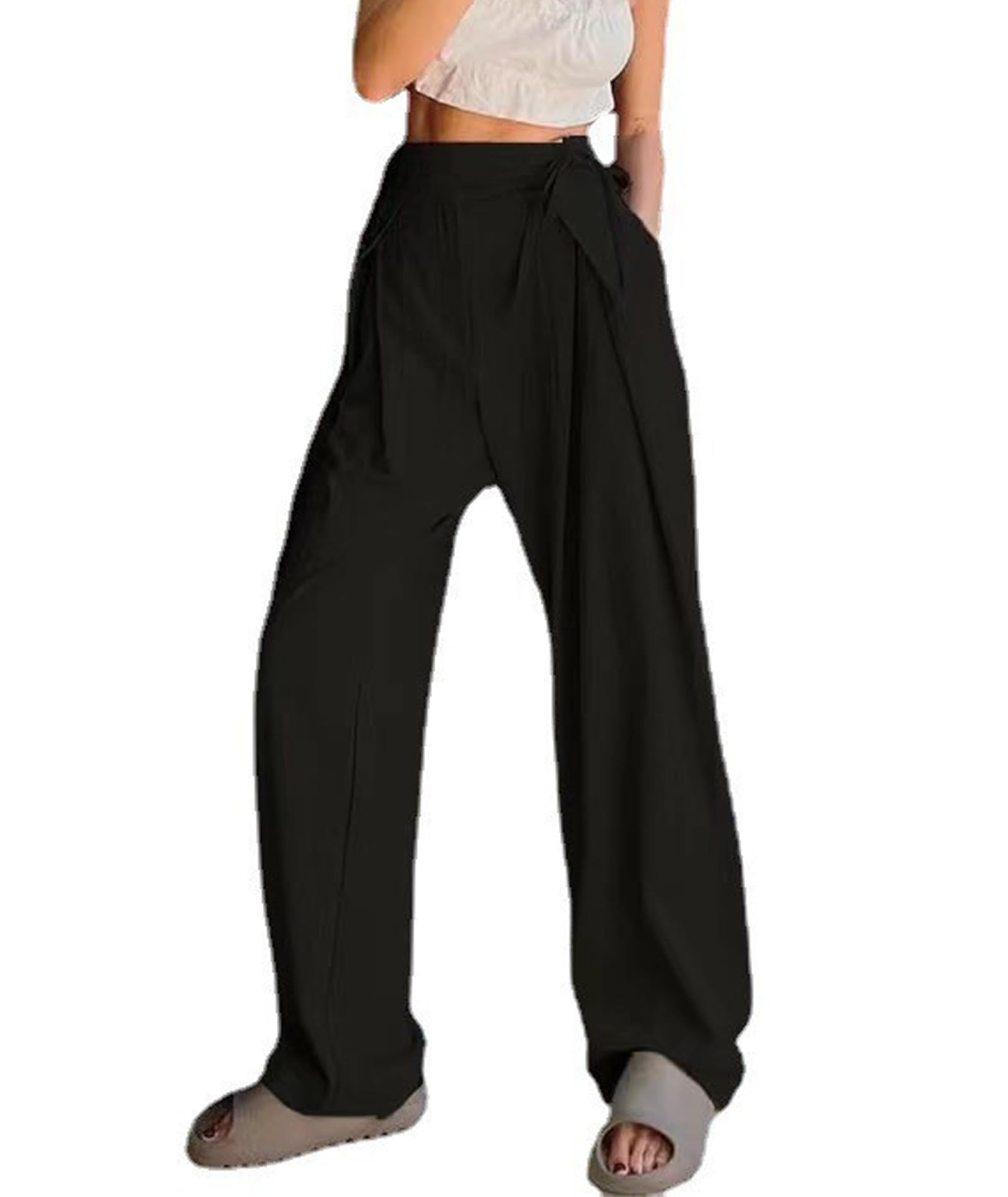 SOMTHRON Womens Wide Leg Palazzo Pants Tie Side Elastic High Waist Casual Loose Pleated Work Long Trousers