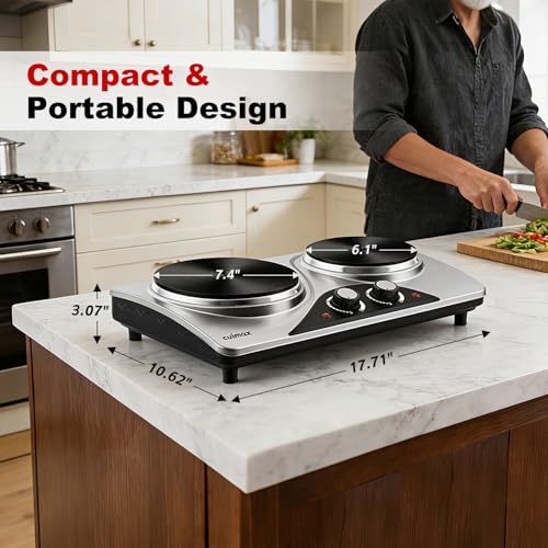 Image of Double Burner, CUSIMAX Electric Hot Plate for Cooking, 1800 Watts Portable Countertop Burner, Cast Iron Hot Plates with Dual Adjustable Temperature, Easy to Clean, Sliver