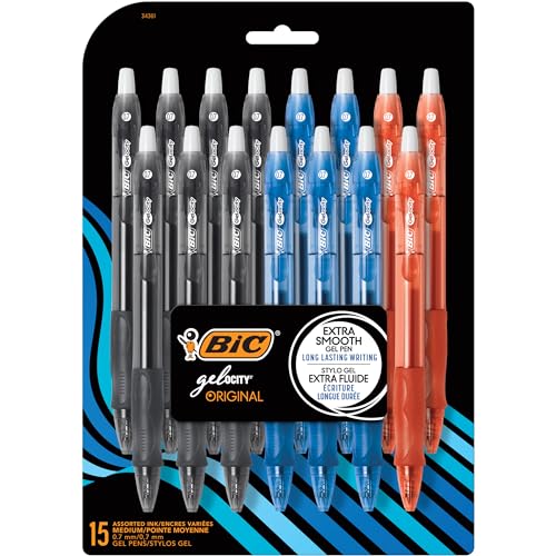 BIC Gelocity Original Assorted Colors Gel Pens, Medium Point (0.7mm), 15-Count Pack, Retractable Gel Pens With Comfortable Grip