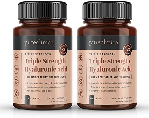 pureclinica Hyaluronic Acid 300mg x 360 Tablets (2 Bottles of 180 Tablets - 6 Months Supply). Triple Strength Hyaluronic Acid. 300% Stronger Than Any Other HLA Tablet.