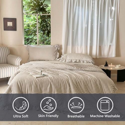 Image of NSNLGSGC Tan Ruffle Gingham Comforter Set King, Pre-Washed Ruffled Taupe Plaid Checked Comforter Bedding, 3 Pieces Vintage Farmhouse Grid Bedding Set(Tan Gingham, King)