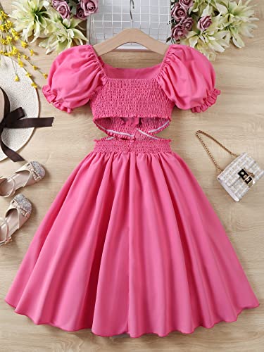 WDIRARA Girl's Square Neck Cut Out Waist Puff Short Sleeve Shirred A Line Dress2