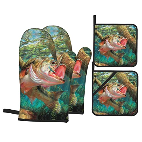 Bass Fish Oven Mitts And Pot Holders Sets 4 Pcs Set, Heat Resistant Fishing Oven Gloves Teal Fish Hot Pad For Kitchen Cooking Baking Bbq #TOP24