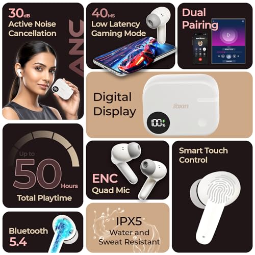 Image of Foxin FoxBuds F1 ANC True Wireless Bluetooth Earbuds Upto 30dB ANC, 50Hrs Playtime, Dual Pairing, Quad Mic ENC, 13mm Bass Driver, 40ms Low Latency, Digital Display, Gaming Mode, BT 5.4 (Dune Beige)