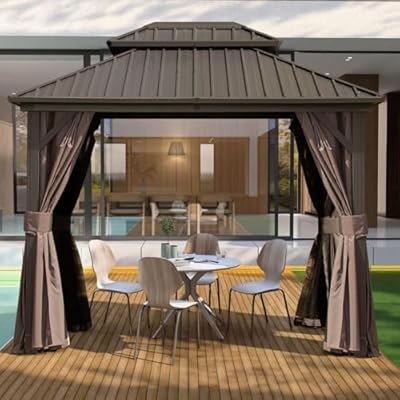 Domi Hardtop Gazebos 8X10FT, Aluminum Metal Gazebo with Galvanized Steel Double Roof Canopy, Curtain and Netting, Permanent Gazebo Pavilion for Patio, Backyard, Deck and Lawn, Brown