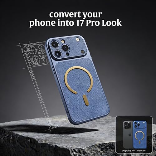 Image of amazon basics Converter Case for iPhone 15 Pro | Premium Protective Mag-Safe Cover | iPhone 17 Pro Series Style Design | in Built Camera Guard | Wireless Charging Compatible - Blue