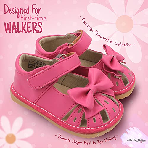 Little Mae's Boutique Mary Jane Hot Pink Bow Squeaky Sandals for Toddler Girls, Walking Sandals with Removable Squeaker & Adjustable Strap - Soft Sole Sandals for Little Girls (5)