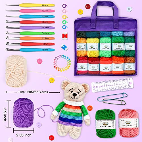 Image of Inscraft Crochet Yarn Kit for Beginners Adults & Kids, Includes 1650 Yards 30 Colors Acrylic Skeins, Hooks, Purple Bag etc, Make Amigurumi & Crocheting Projects, Starter Set for Professionals