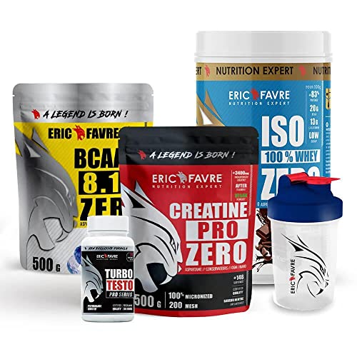 PACK MUSCLE SEC - Kit Advanced, Protéine, Créatine - Iso Zéro 100% Whey + BCAA 8.1.1 ZERO + Créatine ProZero + Turbo Testo + Shaker 400ml - Eric Favre