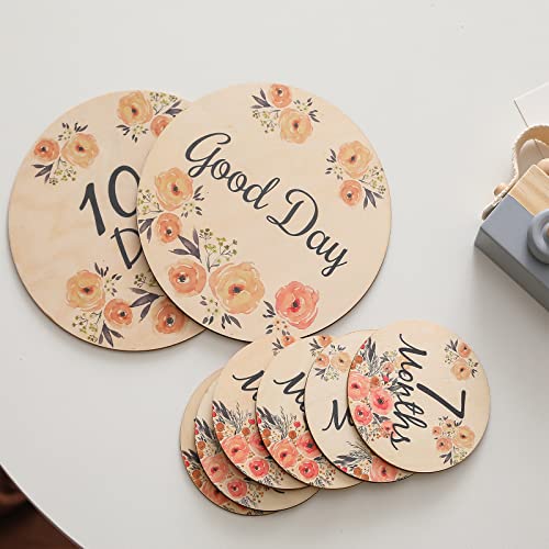 Image of ibwaae Baby Monthly Milestone Cards 8 Double Sided Wooden Milestone Discs from Newborn to 1 Year Photo Prop Announcement Sign Baby Registry Search for Baby Gift (Flower)