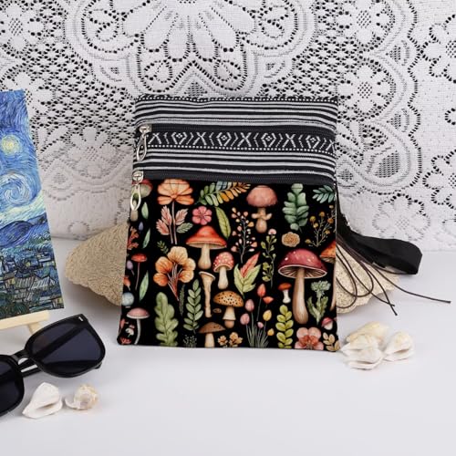 Mushroom Fungal Art Print Crossbody Bag Mushroom Floral Design Messenger Bag Adjustable Shoulder Strap for Adult Sisters Teens Birthday Gift from Nature​​ Travel Crossbody Purse (Black)3