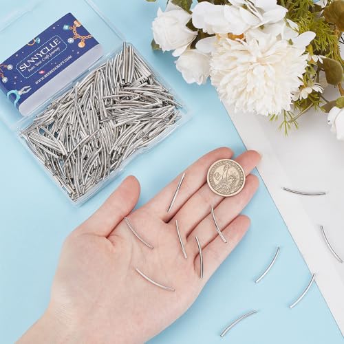 SUNNYCLUE 1 BOX 400PCS 3cm Silver Long Tube Spacer Beads Curved Beads Metal Brass Noodle Tube Hanger Links Spacers Loose Bead Bulk for jewellery Making Charms Diy Earring Necklace Bracelet Crafts - Image 3