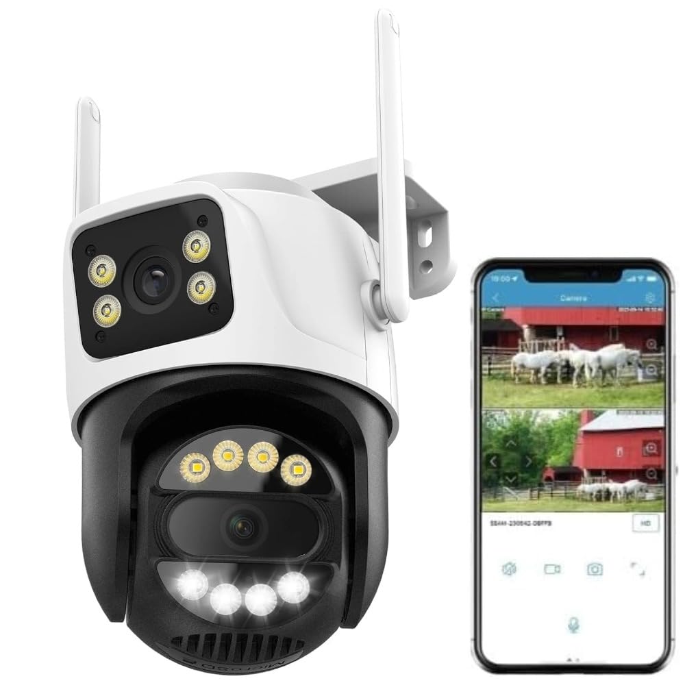 Telecamera di sorveglianza da 6 MP Dual Lens per esterni, Wi-Fi, telecamera di sicurezza WiFi con 2 obiettivi e doppio schermo, PTZ 355°/90°, rilevamento persone, rilevamento automatico, visione