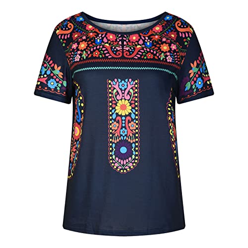 Mexican Embroidered Tee For Women Ethnic Style Boho Floral Print Casual Tunic Tops Summer Short Sleeve Shirt #TOP5