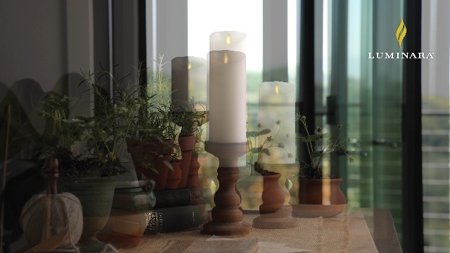 Image of Luminara Scalloped Edge Flameless LED Candle, Warm White, 3 inch x 8.5 inch, Battery Operated, Moving Flame, Real Wax Pillar with Timer, Vanilla Honey Scented
