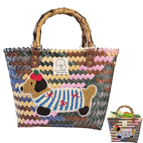 Einkaufskorb Geflochten, Strandtasche Stroh Groß, Korbtasche Handtasche, Korb Einkaufen damen, Strohtasche, Vintage Basttaschen Damen Sommer, Wasserdicht Einkaufstasche Geflochtene Tasche (Dackel)