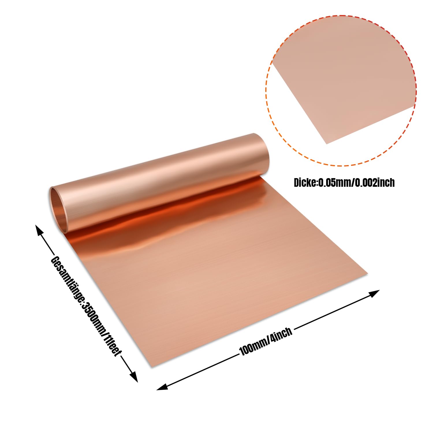 Rouleau de ruban de tôle de cuivre, 3 500 x 100 x 0,03 mm, utilisable pour différents projets de réparation et de bricolage