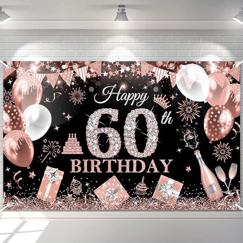 Image of Avezano Happy 60th Birthday Banner for Women Black and Rose Gold Glitter Balloon 60 Birthday Party Backdrop 60 Year Old Bday Photo Backdrop Party Supplies 70.8 x 43.3 Inch