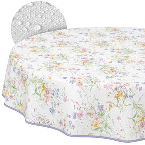 Nappe en Toile cirée Lavable, Facile d'entretien, imperméable, Effet Lotus, pour l'extérieur, Le Printemps, la Table de Jardin, Motif Fleurs, Ronde, 140 cm,...