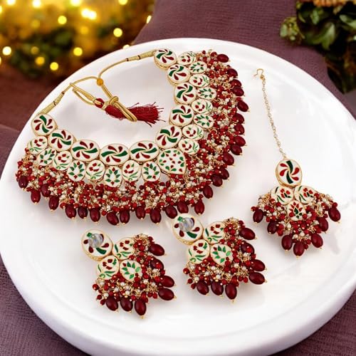 Image of Lucky Jewellery Back Meenakari 18k Gold Plated Set with Earring and Mang Tika Combo Uncut Big Faux Kundan Choker Necklace set (2415-J5SK-1815-PARENT)