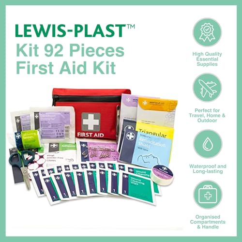 Lewis-Plast Premium 92 Piece First Aid Kit - Safety Essentials for Travel, Car, Home, Camping, Work, Hiking & Holiday Red , Small - Image 4