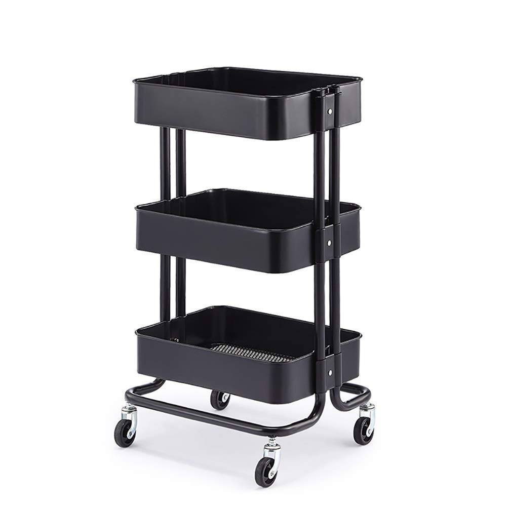 Chariot de stockage mobile en acier noir 45x35x78 cm avec 3 niveaux à roulettes