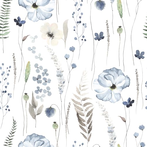 VEELIKE 17.7''x354'' Watercolor Blue Floral Wallpaper Prepasted Boho Fern Botanical Peel and Stick...