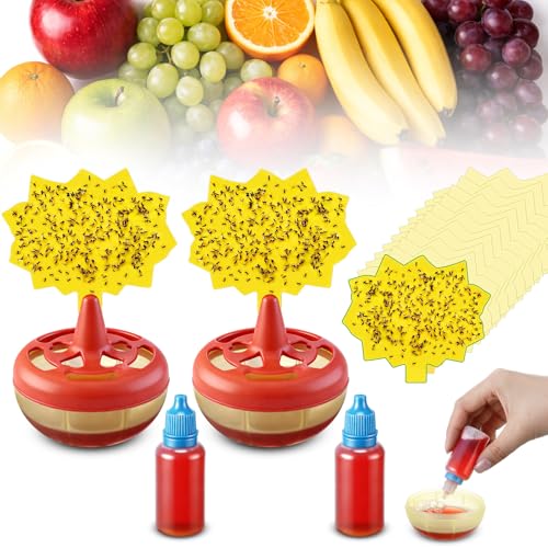 Fruit Fly Trap Refill Liquid Kit with 2 x 0.68oz Bottles Liquid, 2 Reusable Traps and 8 Sticky Pads,Near Food, Fruit Fly Traps for Indoors Home Kitchen Use