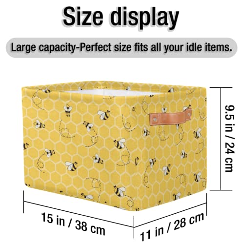 2Pack Yellow With Bees Large Collapsible Storage Bins,Honey Honeycombs Decorative Canvas Fabric Storage Boxes Organizer With Handles,Rectangular Shelves Baskets Box For Home Office Nursery Closet #TOP1