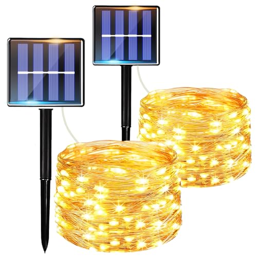 taiyongkang [2 unidades] Cadena de luces solares para exteriores, 5 m, 50 LED, 8 modos, IP65, resistente al agua, alambre de cobre para exteriores, para jardín, balcón, terraza, boda, fiesta, blanco