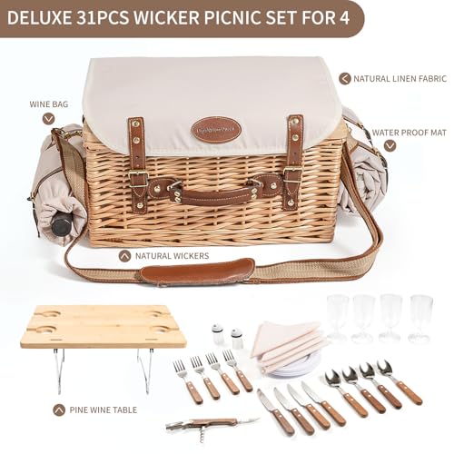 Image of Multifunctional Wicker Picnic Basket Set for 4 Blanket Family Folding Wine Table,Insulated Portable Extra Big Storage Capacity Natural Woven Rattan Canasta De Full Tablewares Camping Outdoor Flowers