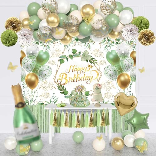 Image of Greenery Birthday Banner Backdrop 71 x 43 Inch Sage Green Party Decorations Happy Birthday Photo Backdrops Eucalyptus Leaves Ballon Banner for Photography Women 21st 30th Party Supplies