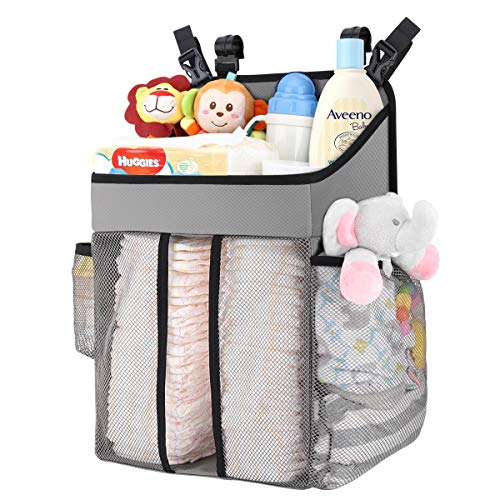 Zooawa Hanging Crib Organizer, Large Capacity Hanging Diaper Caddy Nursery Bag Christmas Crib Diaper Organizer for Diapers Wipes Baby Essentials Storage - Gray