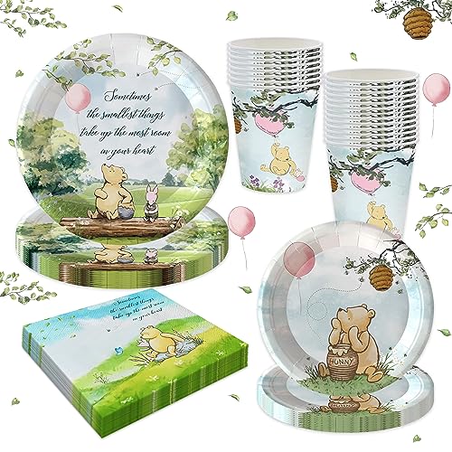 AURORAPARTY Classic Winnie Bear Baby Shower Pooh Party Supplies Pink Balloon Watercolor Plates for Girls Newborn Kids Napkins Cups Friends Birthday Party Decorations for 24 Guests