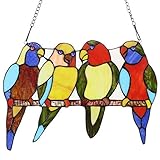 Bieye W10001 Tropical Birds Tiffany Style Stained Glass Window Panel with Hanging Chain, 14.5-inch Wide (4 Birds)