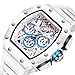 FANMIS Fashion Hollowed Men Watches Tonneau Skeleton Dial Big Face Waterproof Chronograph Fashion Casual Watch with Silicone Strap Multifunctional Outdoor Sports Wristwatch (White)