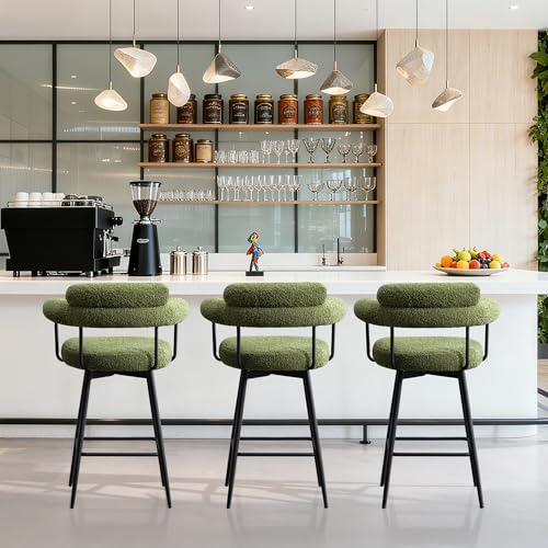 Butacos giratorios de altura para barra con respaldo completo, butacos tapizados en sherpa de 26 pulgadas, con reposapiés metálico, estilo moderno para isla de cocina o pub doméstico (verde, juego de 2) miniatura 6