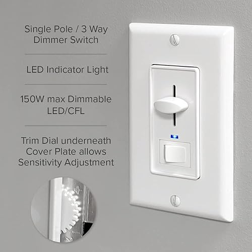 Miniatura 4 de Maxxima Interruptor de luz eléctrica con atenuador, con luz indicadora azul, compatible con LED, uso de 3 víasun solo polo, 600 vatios máximo,