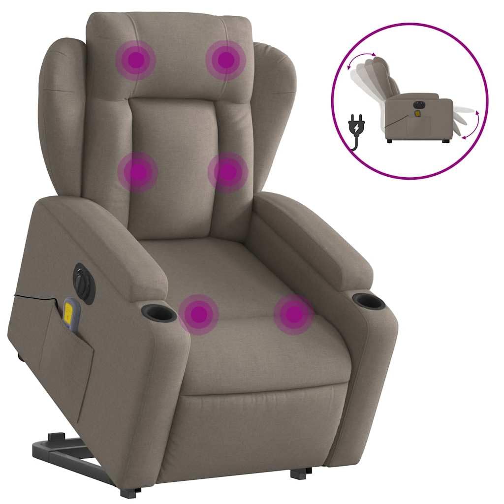 Sillón elevador eléctrico reclinable de tela gris con 6 puntos de vibración, función de elevación e inclinación de 135°, portavasos y bolsillo