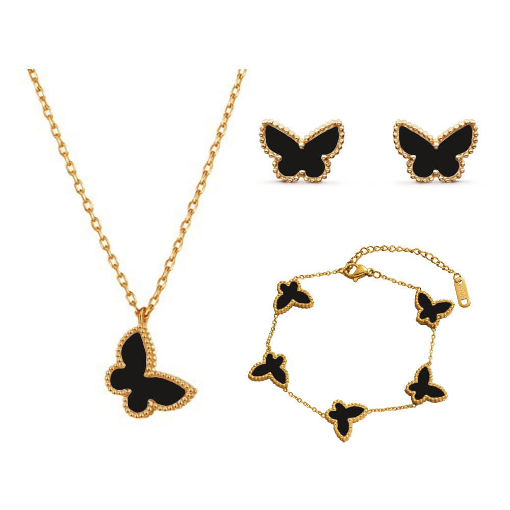 RPAEOY Conjuntos de Joyas para Mujer y Niñas Mariposa Acero Inoxidable Chapado en Oro de 18 Quilates Colgante Collar Pendientes Pulsera Fiesta Boda Nupcial Dama de Honor
