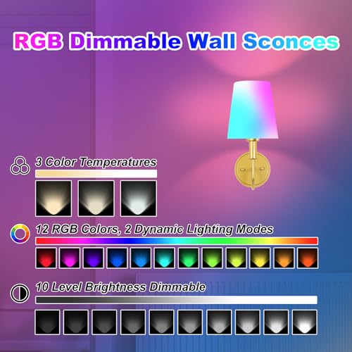 Wireless Rechargeable Wall Sconce, Battery Operated Wall Lights with Remote, Wall Lamps with Dimmable RGB LED Bulbs, No Wiring Gold Sconces Wall Decor Set of 2 for Bedroom Living Room Hallway - image 5