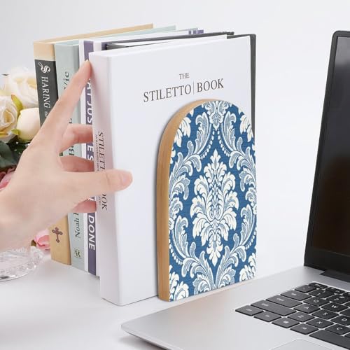 Sujetalibros de madera de damasco azul para evitar caídas de libros 7