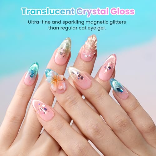Image of Beetles Dream Coast Cat Eye Gel Nail Polish Set - 8 Colors Glitter Gel Nail Polish Kit Pink Yellow Green Blue Purple Magnetic Shine Soak Off UV Salon DIY Gift Manicure for Women