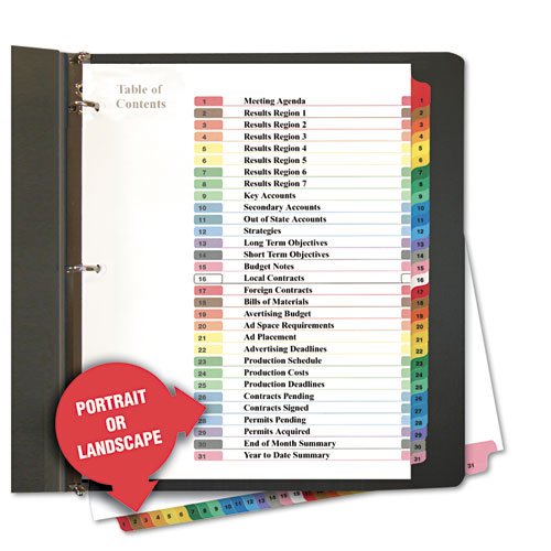 Intercalaires 1-31 pour organisation de classeur mensuel format Lettre 31 onglets