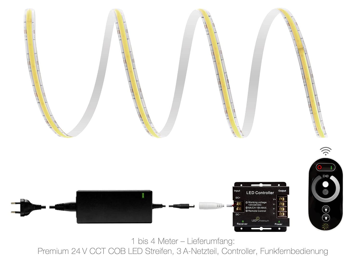 LED Universum Juego de tiras LED COB CCT blanco dual, con mando a distancia, controlador y fuente de alimentación, filamento prémium, 24 V, IP65, blanco dual (3 metros)