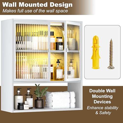 Image of Wall Mounted Bathroom Cabinet with Glass Doors, Metal Over Toilet Storage Cabinets with Open Shelves, Medicine Cabinets for Bathroom, Living Room, Bedroom, White