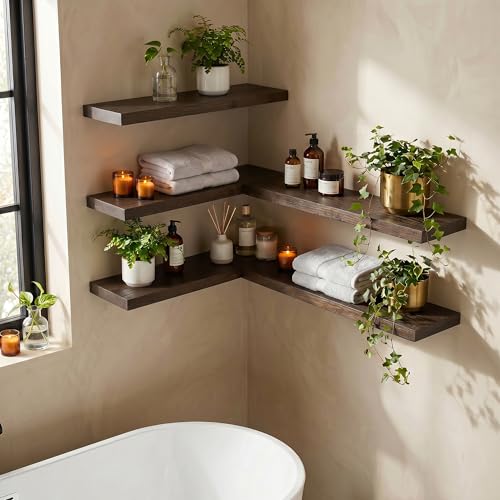 Image of Dreamland 72 Inch Floating Shelves for Wall, Solid Elm Wood Wall Shelves for Living Room, Bedroom, Kitchen, Bathroom, Wall Mounted Long Floating Shelf Set of 1, Walnut Color
