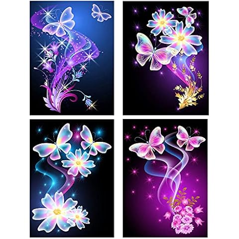 4 Pack DIY 5D Diamond Painting Kits for Adults and Kids,Rose Flower Butterfly Round Full Drill Crystal Rhinestone Embroidery Cross Stitch Arts Craft Canvas for Home Wall Decor,16"X12" Pattern 1 Cover